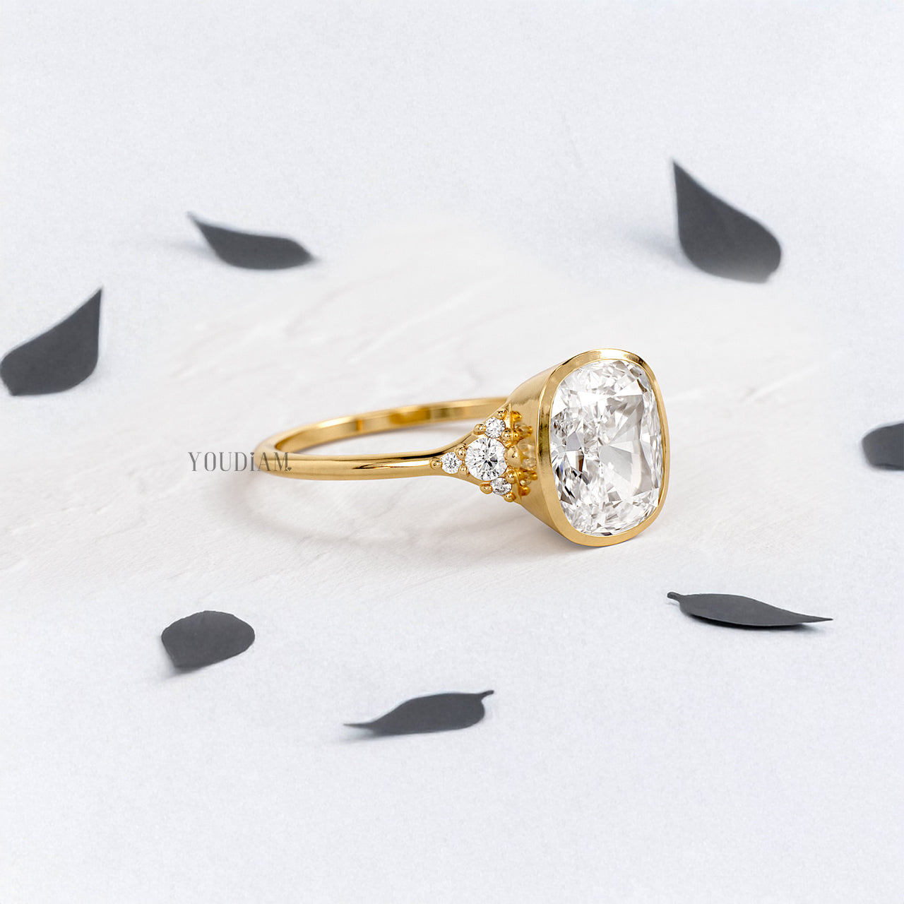 Cushion Lab Diamond in Bezel Setting with Accented Diamonds on