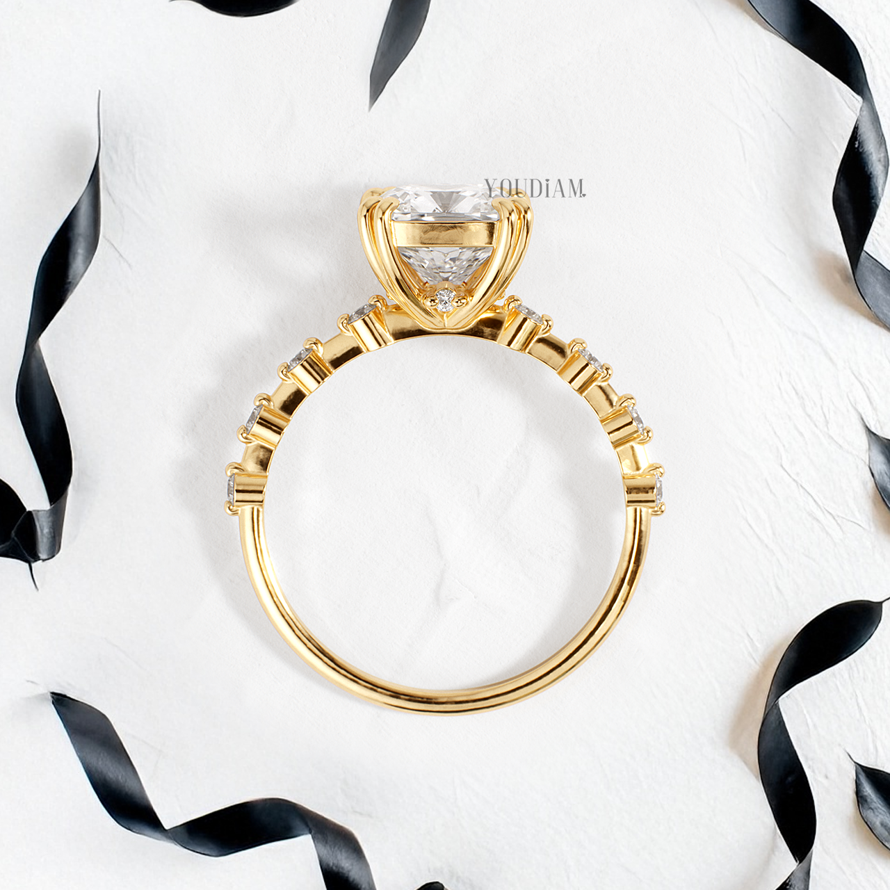 Cushion Lab Diamond in Double-Prongs and Distance Diamonds on Band Ring - YDJLR150
