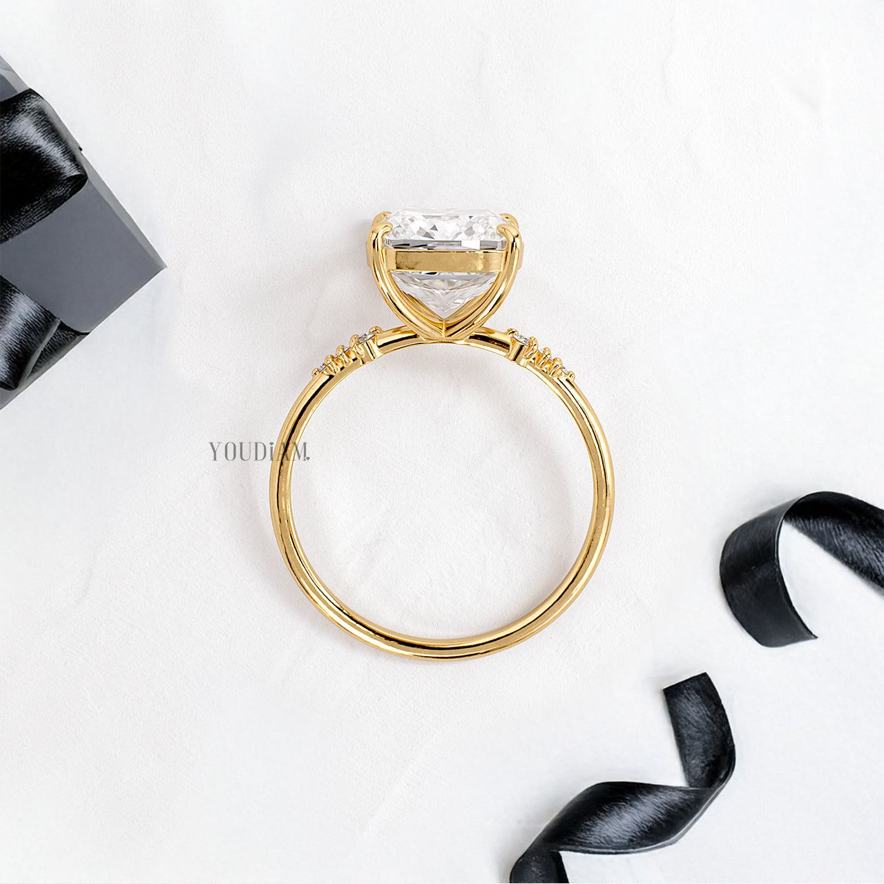 Cushion Lab Diamond in Six Prongs with Six Accented Diamond Ring - YDJLR200