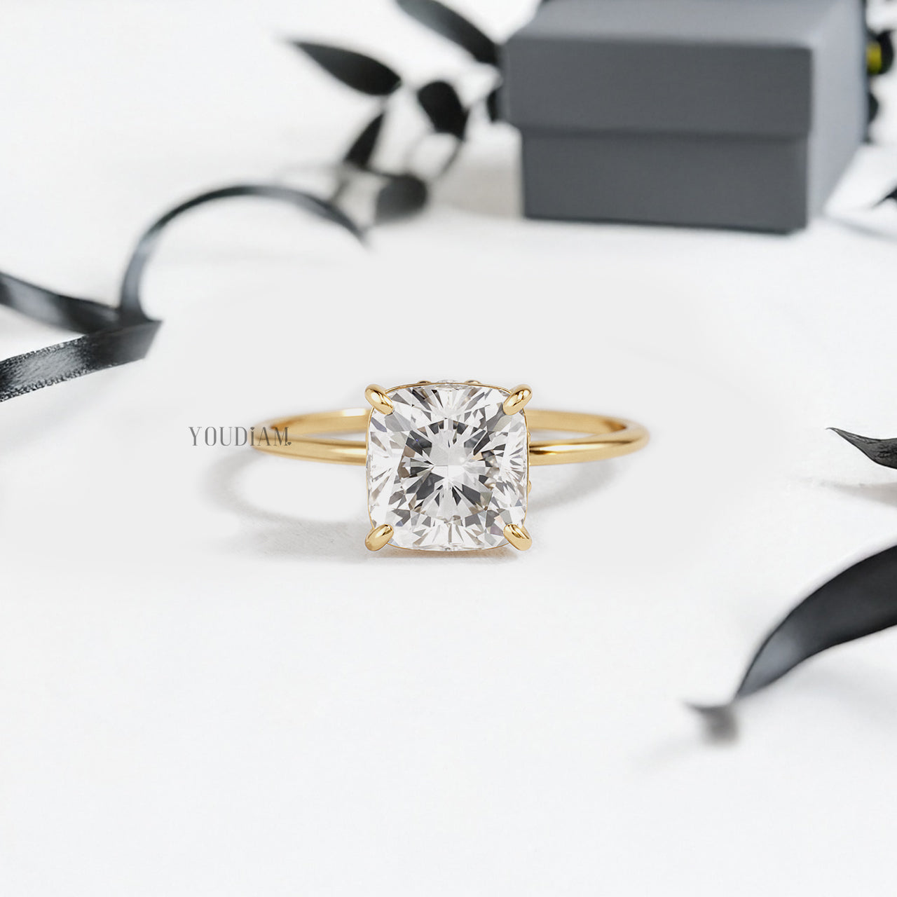 Cushion Lab Diamond in Solitaire Setting Ring with Hidden Diamonds in Basket - YDJLR164