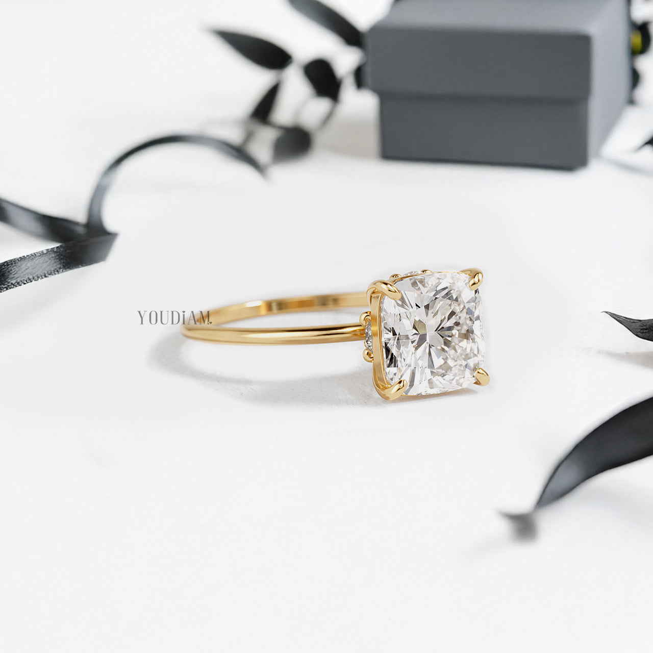 Cushion Lab Diamond in Solitaire Setting Ring with Hidden Diamonds in Basket - YDJLR164