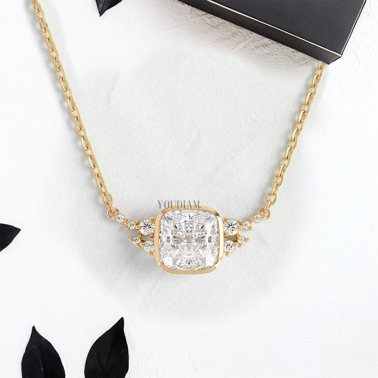 Cushion Lab Diamond Pendant in Bezel Setting with Accent Diamonds and Anchor Chain - YDJLP40