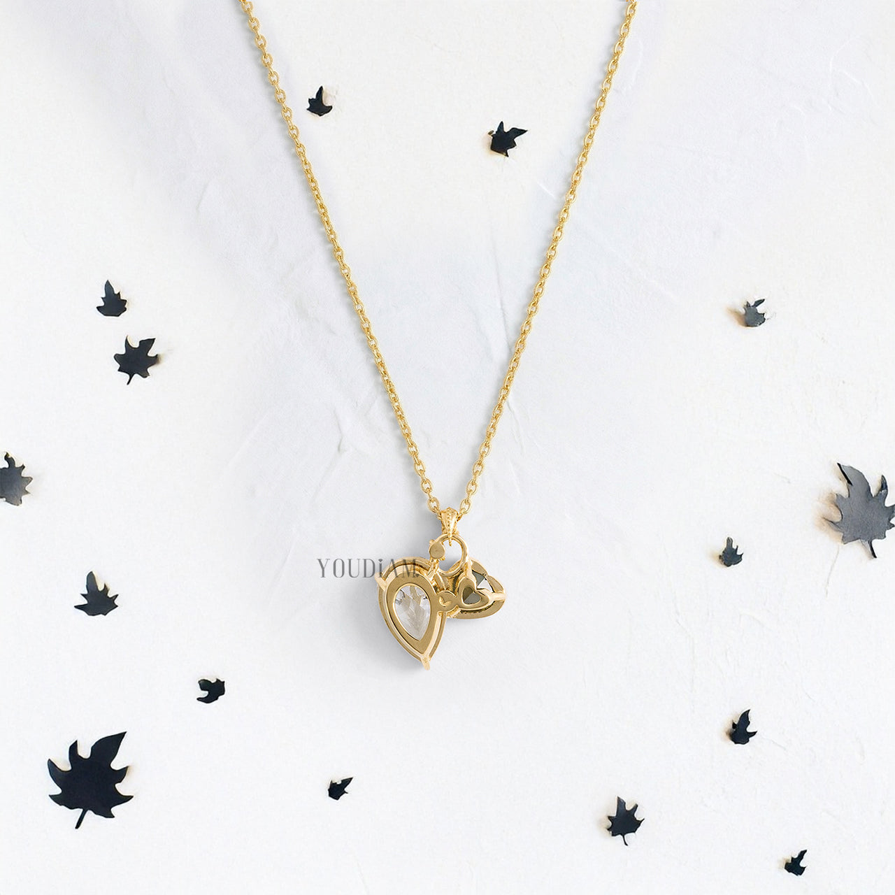 Deep-Green Heart and Pear Cut Lab Diamonds Pendant with Accent Diamonds and Anchor Chain - YDJLP22