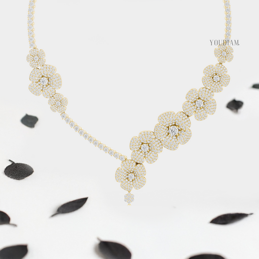 Lab Diamond Flower Statement Necklace with Half-Tennis Chain - YDJLN03