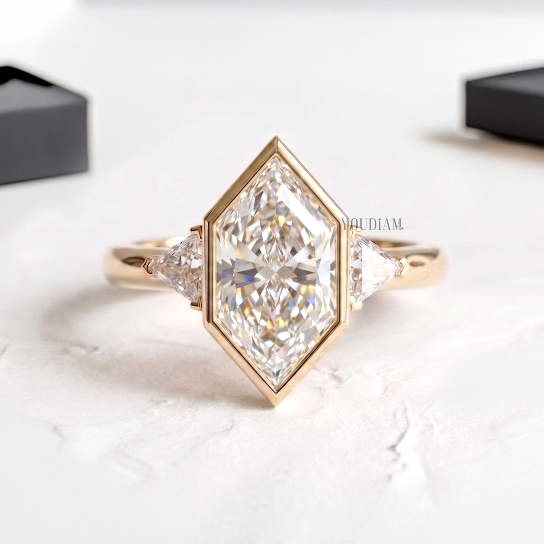 Dutch Marquise Lab Diamond in Bezel with Two Trillions in Side Ring - YDCJR07