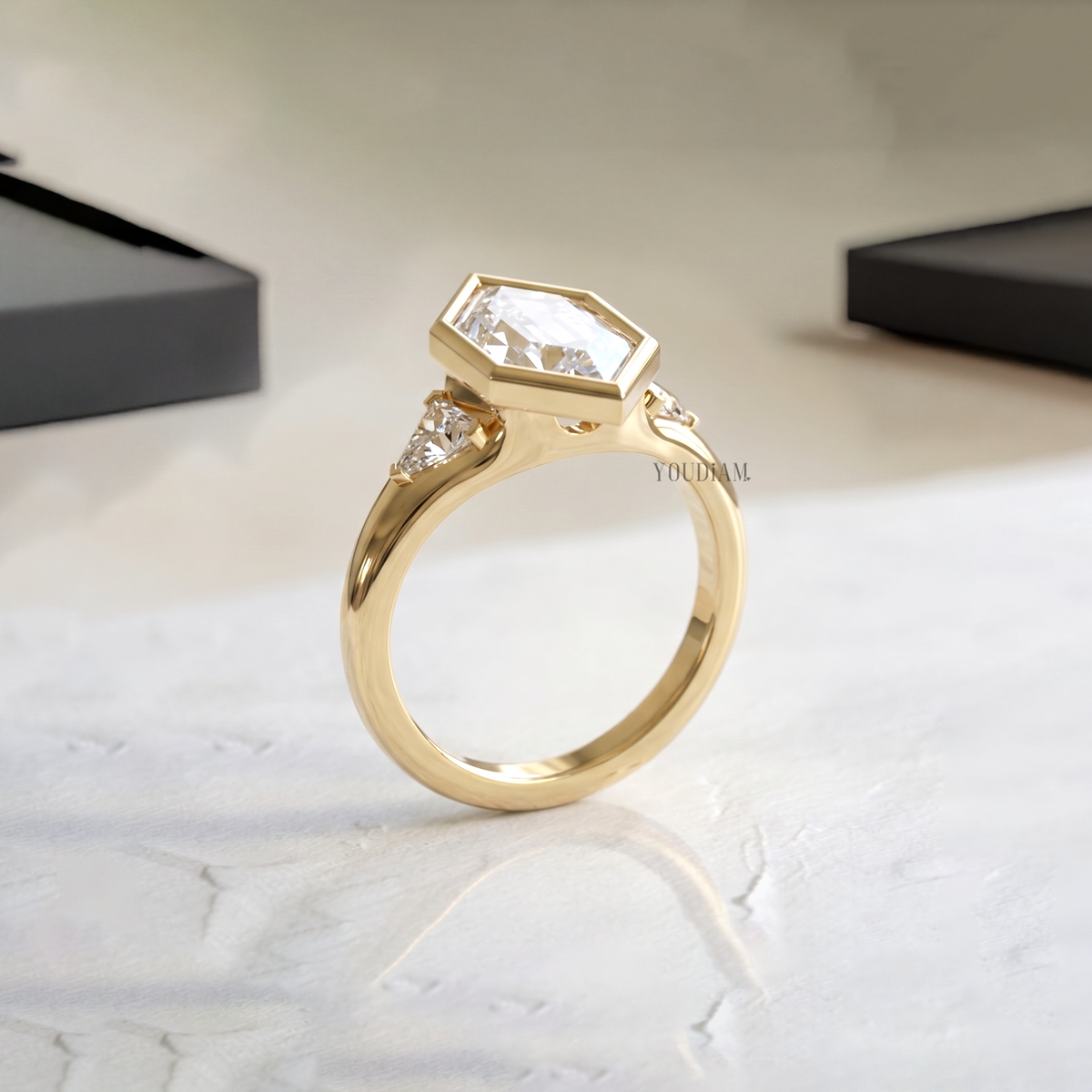 Dutch Marquise Lab Diamond in Bezel with Two Trillions in Side Ring - YDCJR07