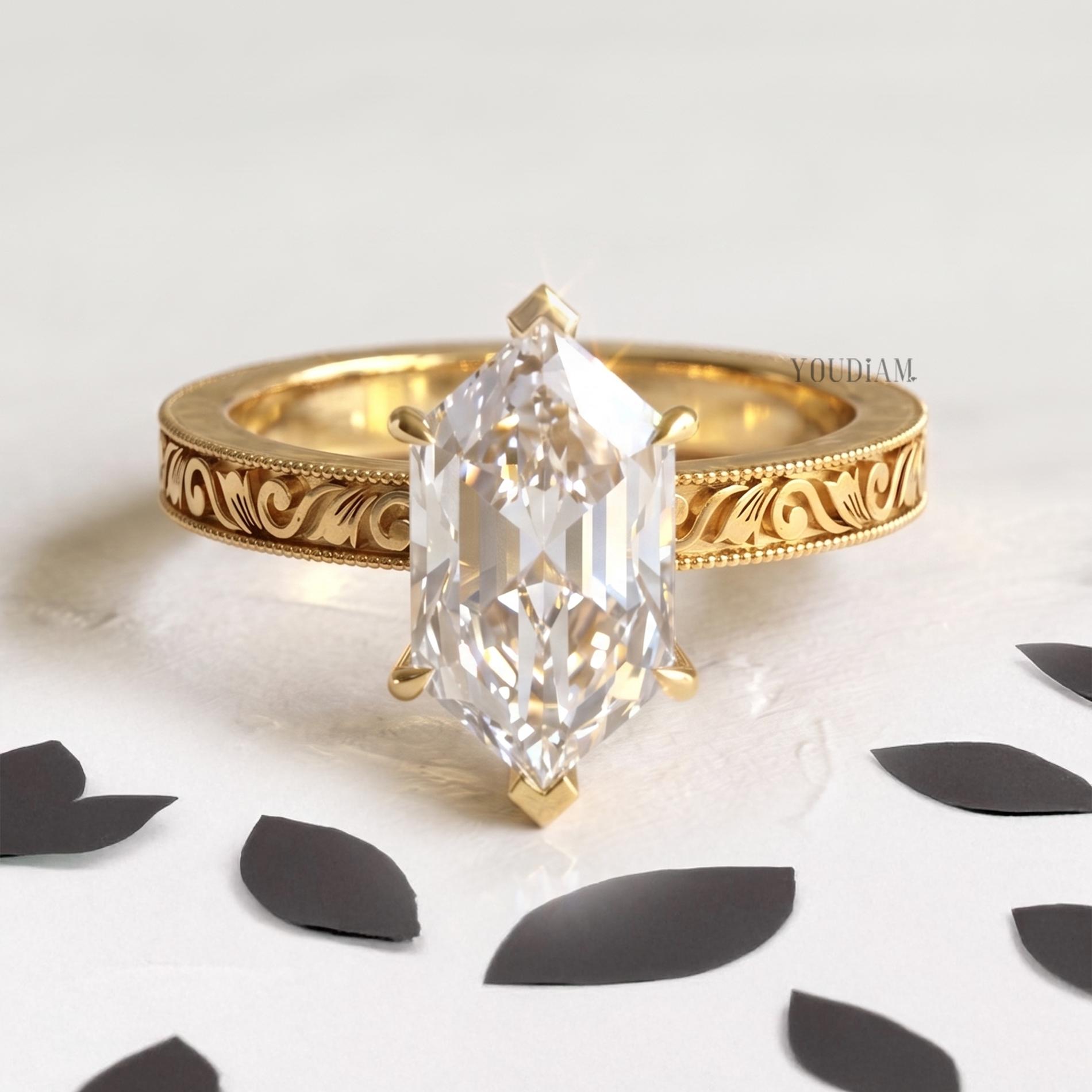 Dutch Marquise Lab Diamond in Vintage Engraving Band with Miligrain Ring - YDCJR02