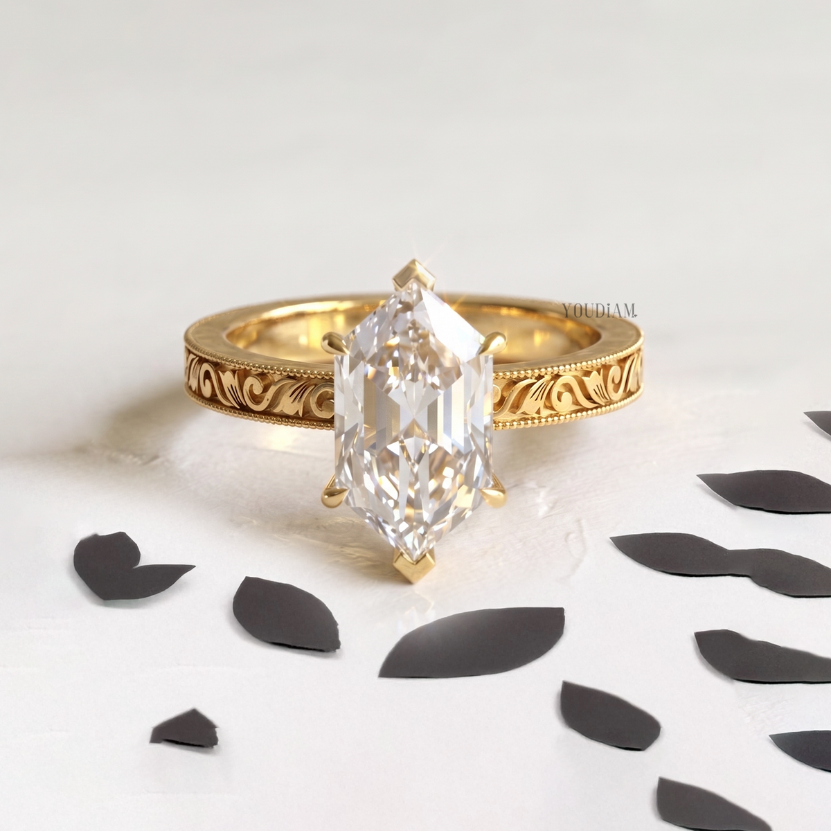 Dutch Marquise Lab Diamond in Vintage Engraving Band with Miligrain Ring - YDCJR02