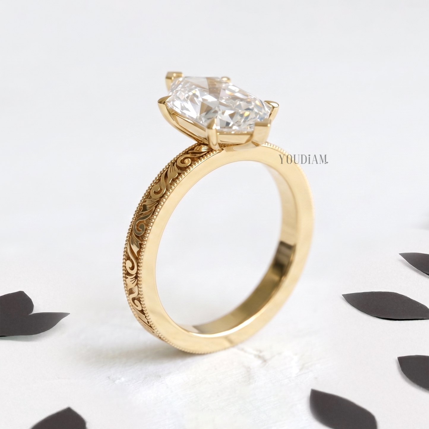Dutch Marquise Lab Diamond in Vintage Engraving Band with Miligrain Ring - YDCJR02