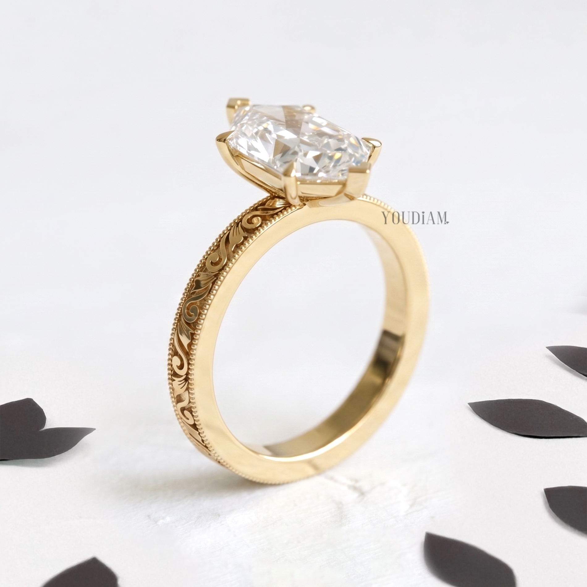 Dutch Marquise Lab Diamond in Vintage Engraving Band with Miligrain Ring - YDCJR02