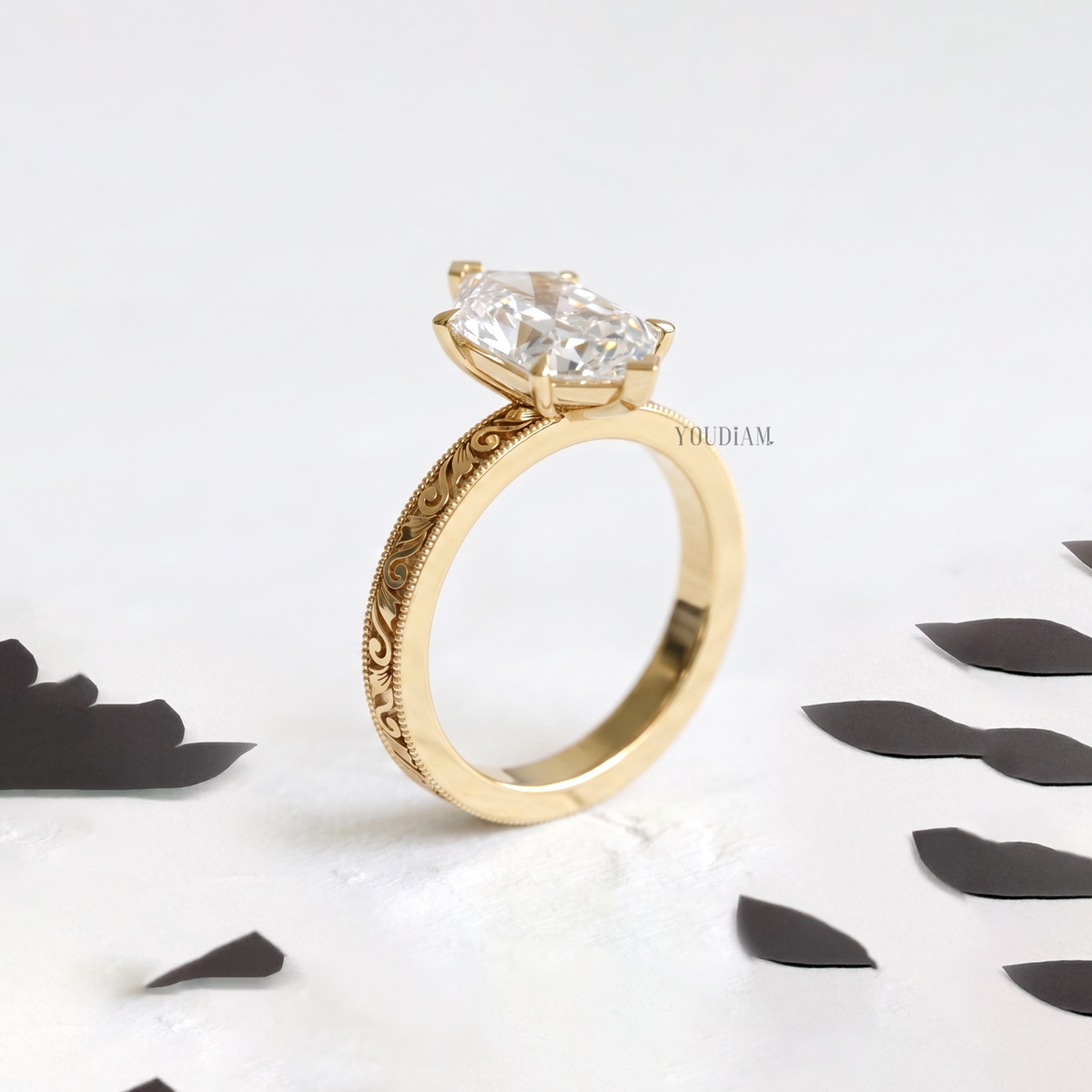 Dutch Marquise Lab Diamond in Vintage Engraving Band with Miligrain Ring - YDCJR02