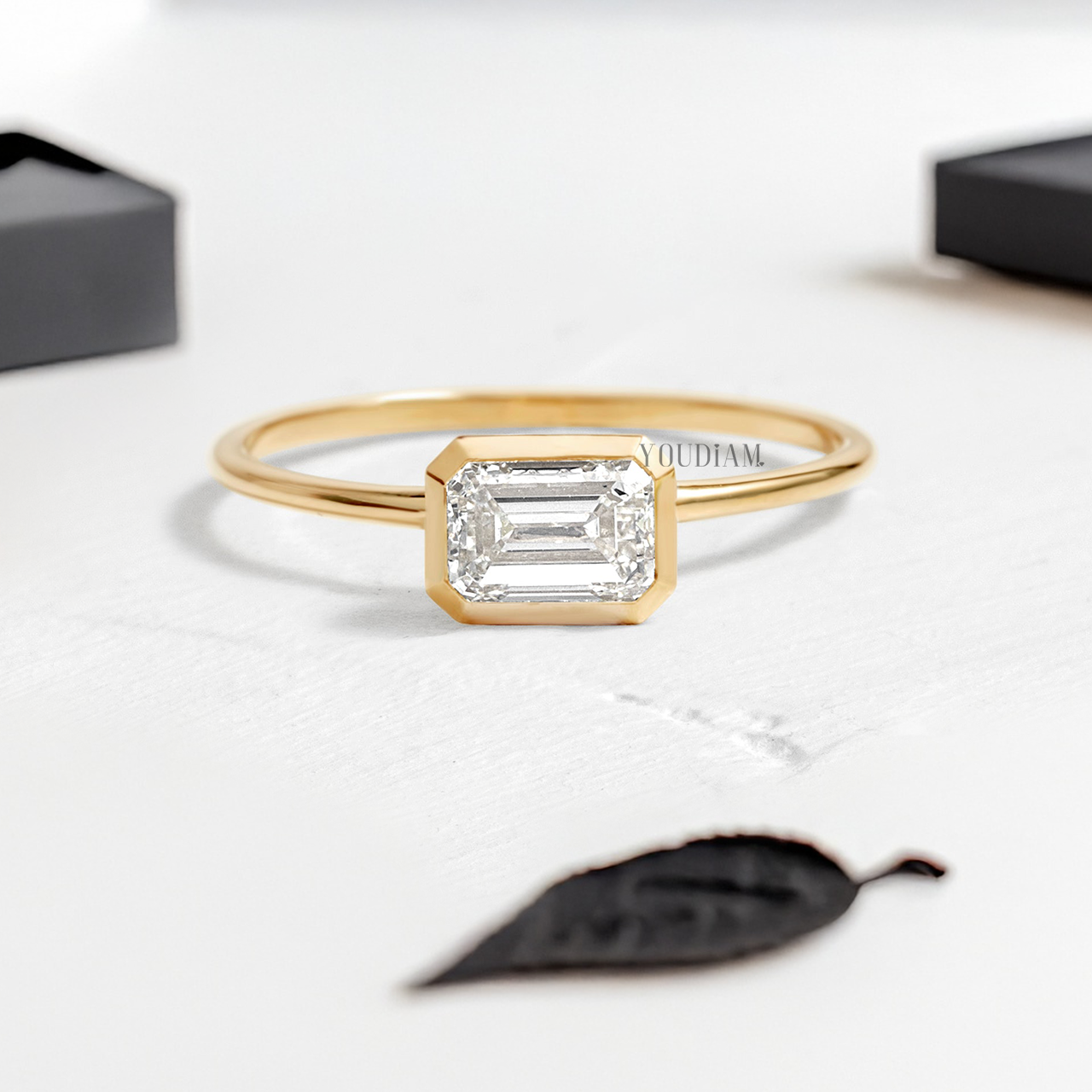 East-West Emerald Lab Diamond in Bezel Setting Ring - YDJLR108