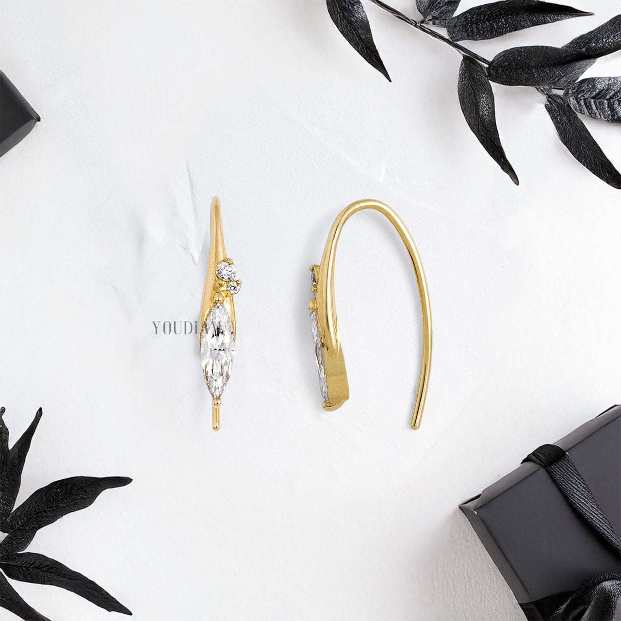 Elongated Marquise Cut Lab Diamonds Threader Earrings with Hooks - YDJLE65