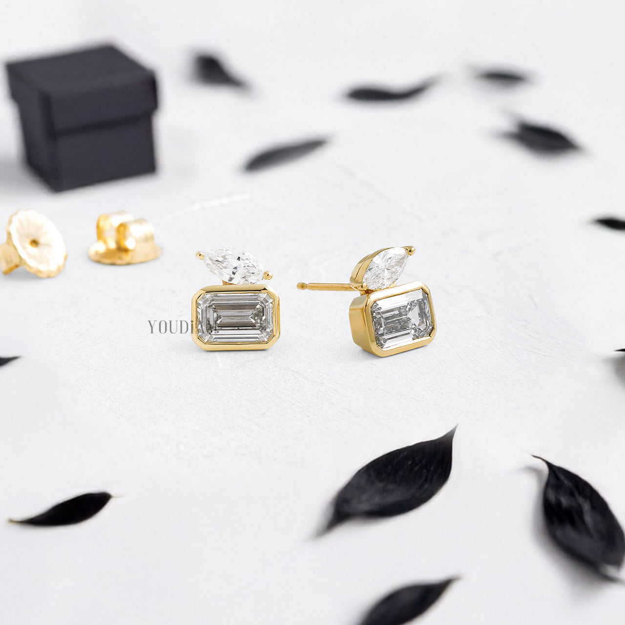 Emerald Cut Lab Diamond Bezel Studs with Accented Marquise Diamond - YDJLE63