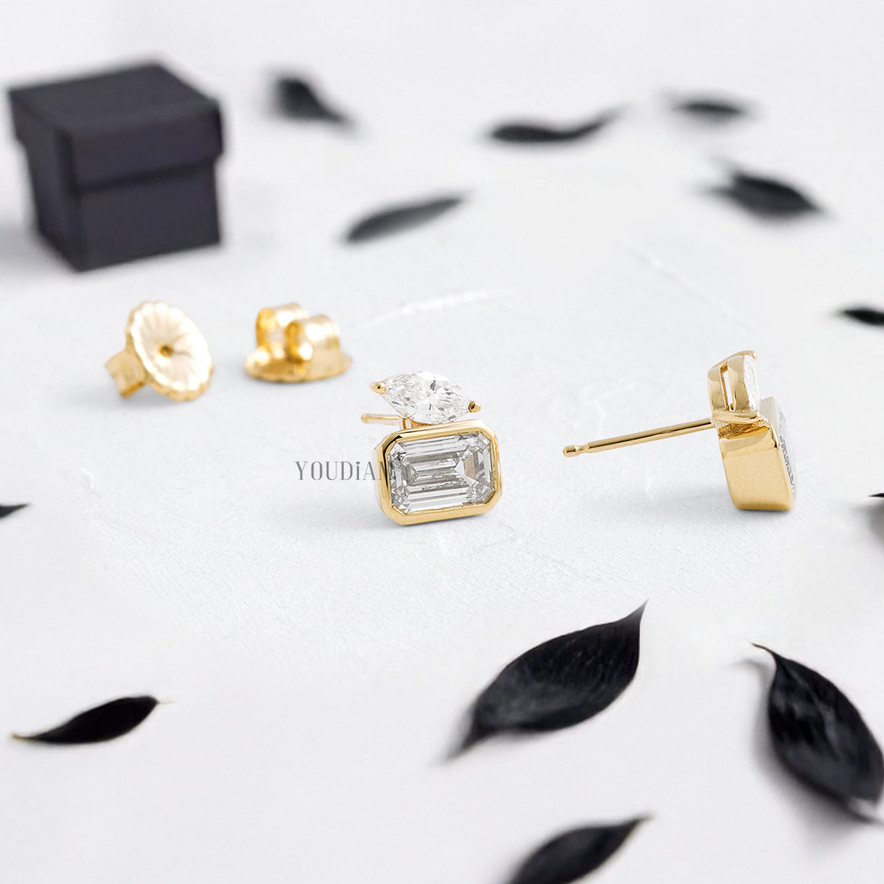 Emerald Cut Lab Diamond Bezel Studs with Accented Marquise Diamond - YDJLE63