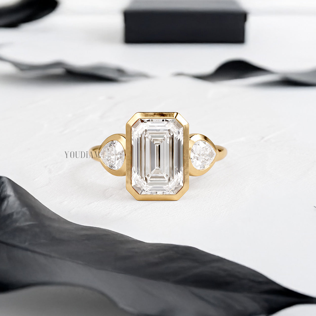 Emerald Lab Diamond with Accented Two Pears in Bezel Setting Ring - YDJLR190