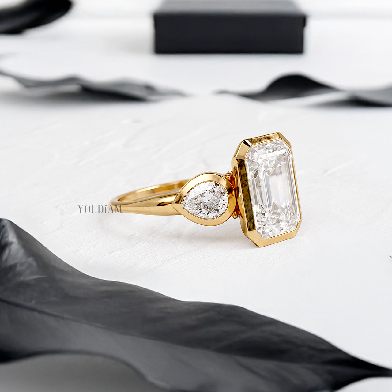 Emerald Lab Diamond with Accented Two Pears in Bezel Setting Ring - YDJLR190
