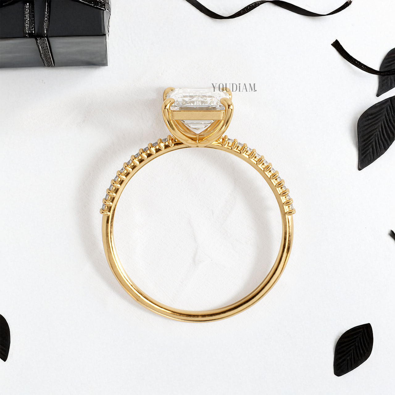 Emerald Lab Diamond with Pave Band Ring - YDJLR121