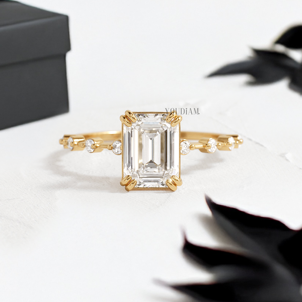 Emerald Lab Diamond with Trio-Prongs Ring and Distanced Diamonds on Band - YDJLR122