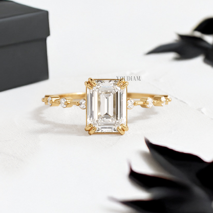 Emerald Lab Diamond with Trio-Prongs Ring and Distanced Diamonds on Band - YDJLR122