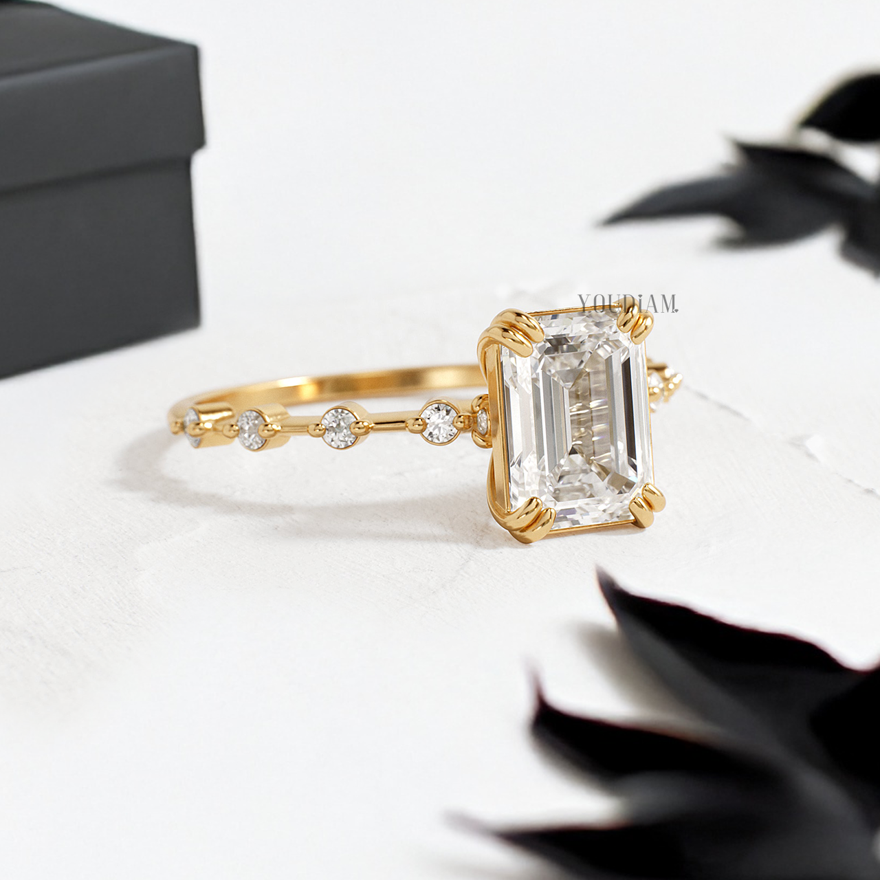 Emerald Lab Diamond with Trio-Prongs Ring and Distanced Diamonds on Band - YDJLR122