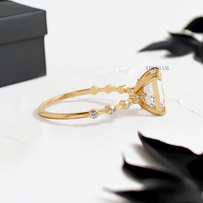 Emerald Lab Diamond with Trio-Prongs Ring and Distanced Diamonds on Band - YDJLR122