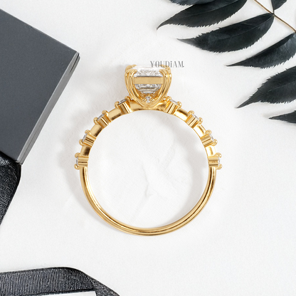 Emerald Lab Diamond with Trio-Prongs Ring and Distanced Diamonds on Band - YDJLR122