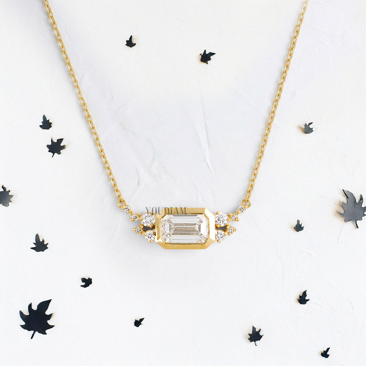 Emerald Lab Diamond Pendant in Bezel Setting with Accent Diamonds and Anchor Chain - YDJLP36