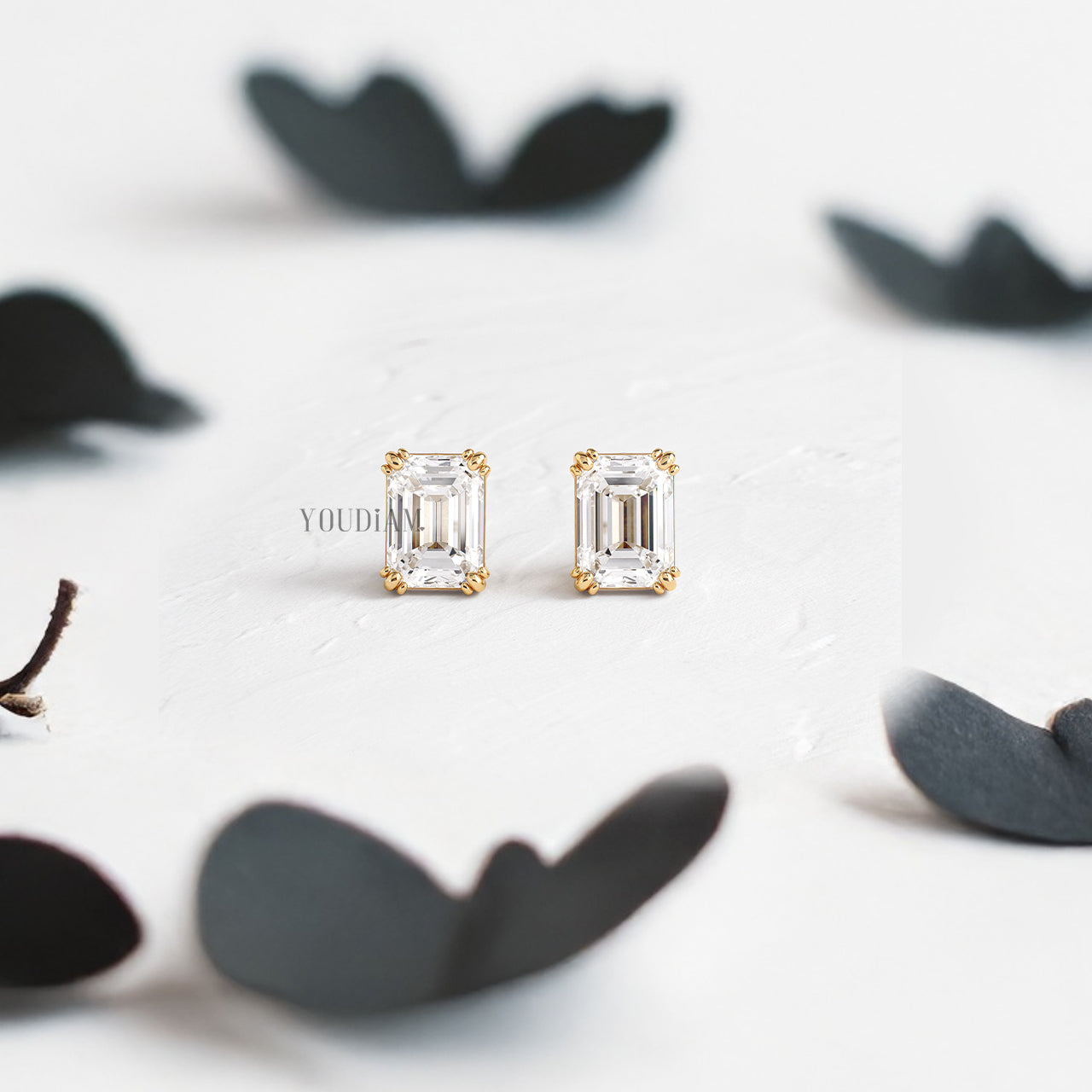 Emerald Lab Diamond Studs in Trio-Prongs - YDJLE26