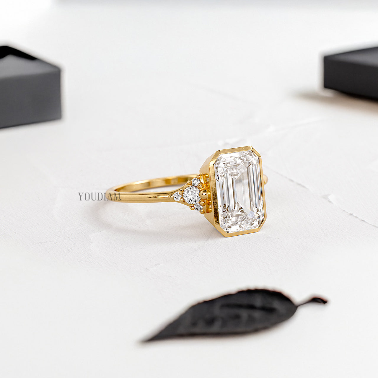 Emerald Lab Diamond in Bezel Setting with Accented Diamonds on Band Ring - YDJLR197