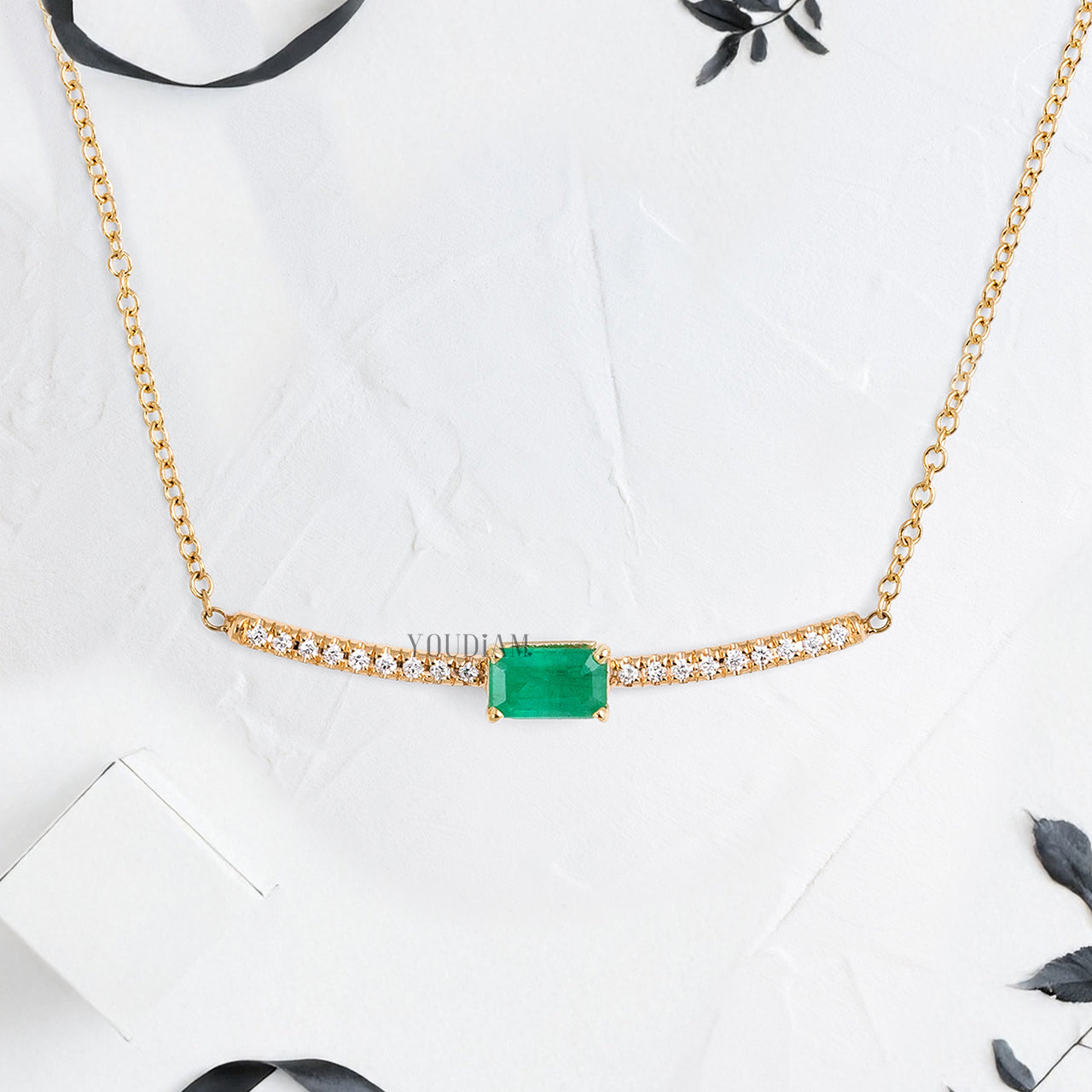 Emerald with Curve Pave Lab Diamonds Bar Pendant and Anchor Chain - YDJLP59