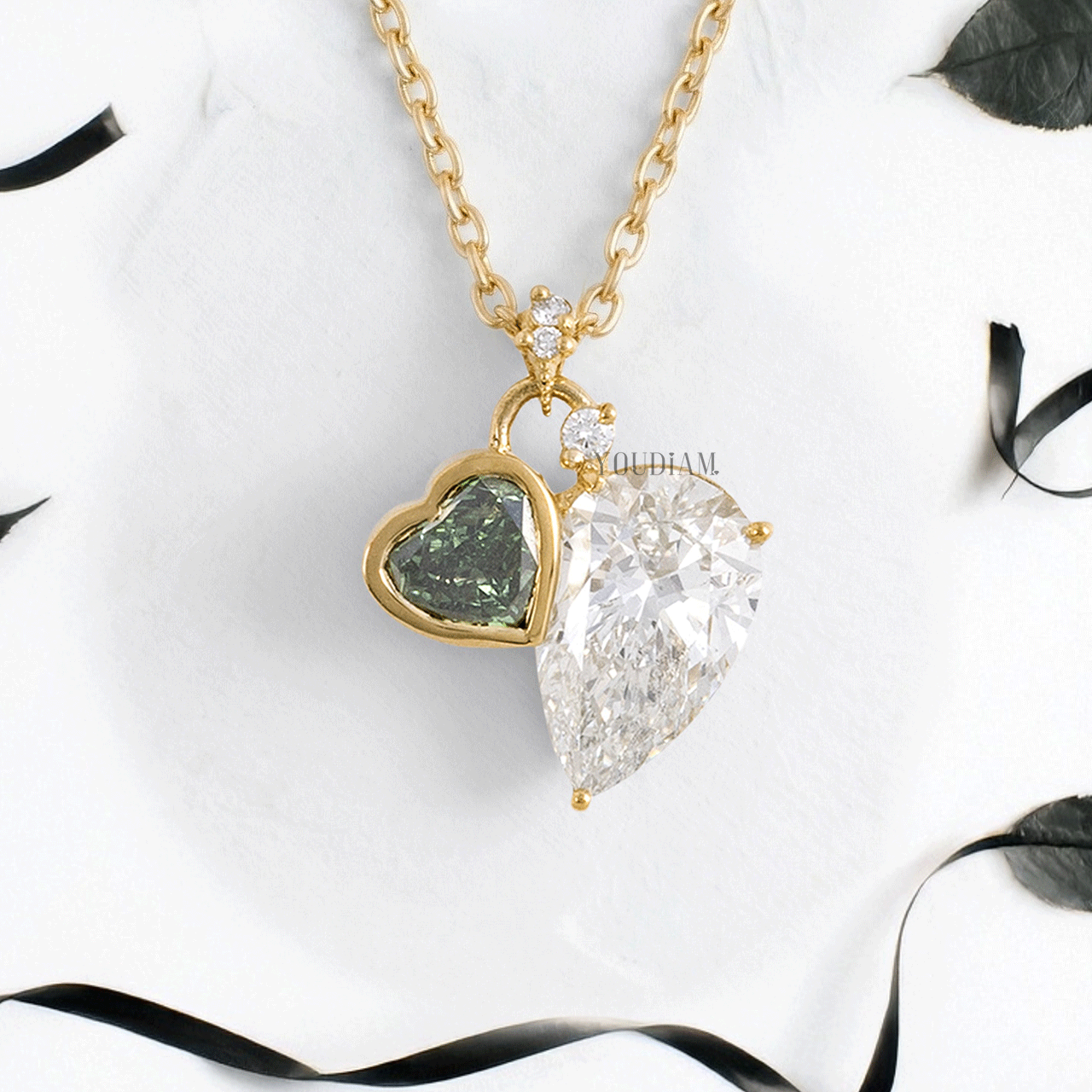 Green Heart and Pear Cut Lab Diamonds Pendant with Accent Diamonds and Anchor Chain - YDJLP20