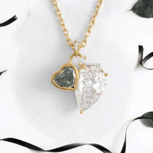 Green Heart and Pear Cut Lab Diamonds Pendant with Accent Diamonds and Anchor Chain - YDJLP20