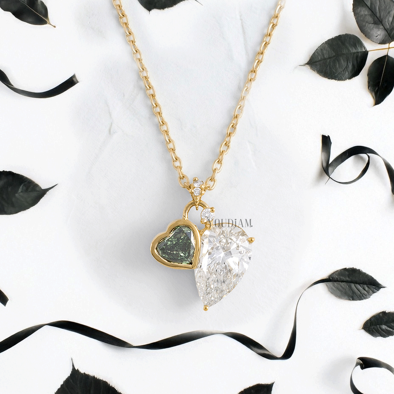 Green Heart and Pear Cut Lab Diamonds Pendant with Accent Diamonds and Anchor Chain - YDJLP20