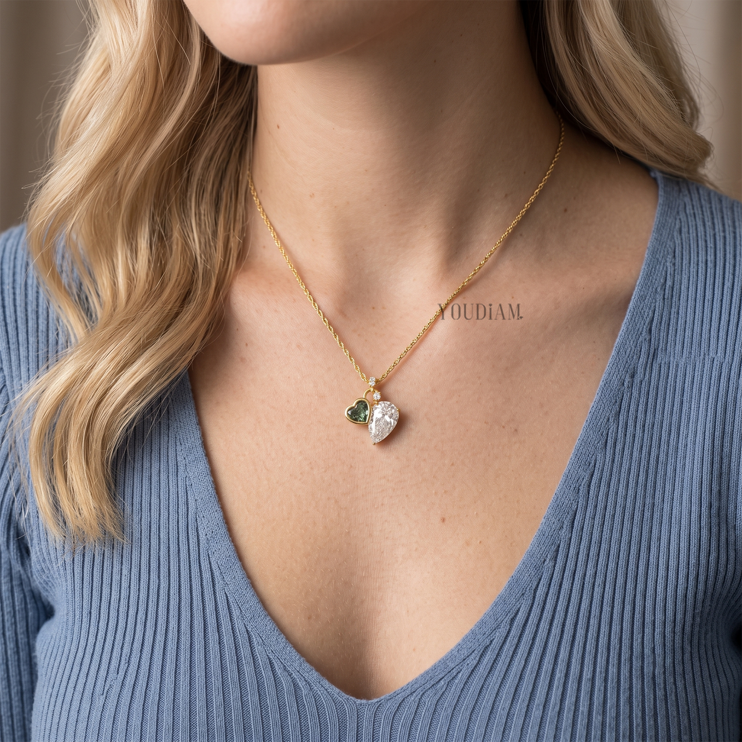 Green Heart and Pear Cut Lab Diamonds Pendant with Accent Diamonds and Anchor Chain - YDJLP20