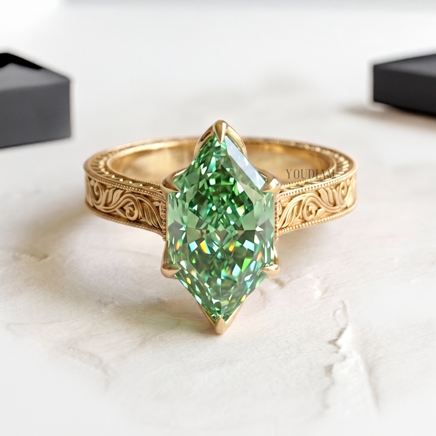 Green Dutch Marquise Lab Diamond in Vintage Engraving Band Ring - YDCJR01