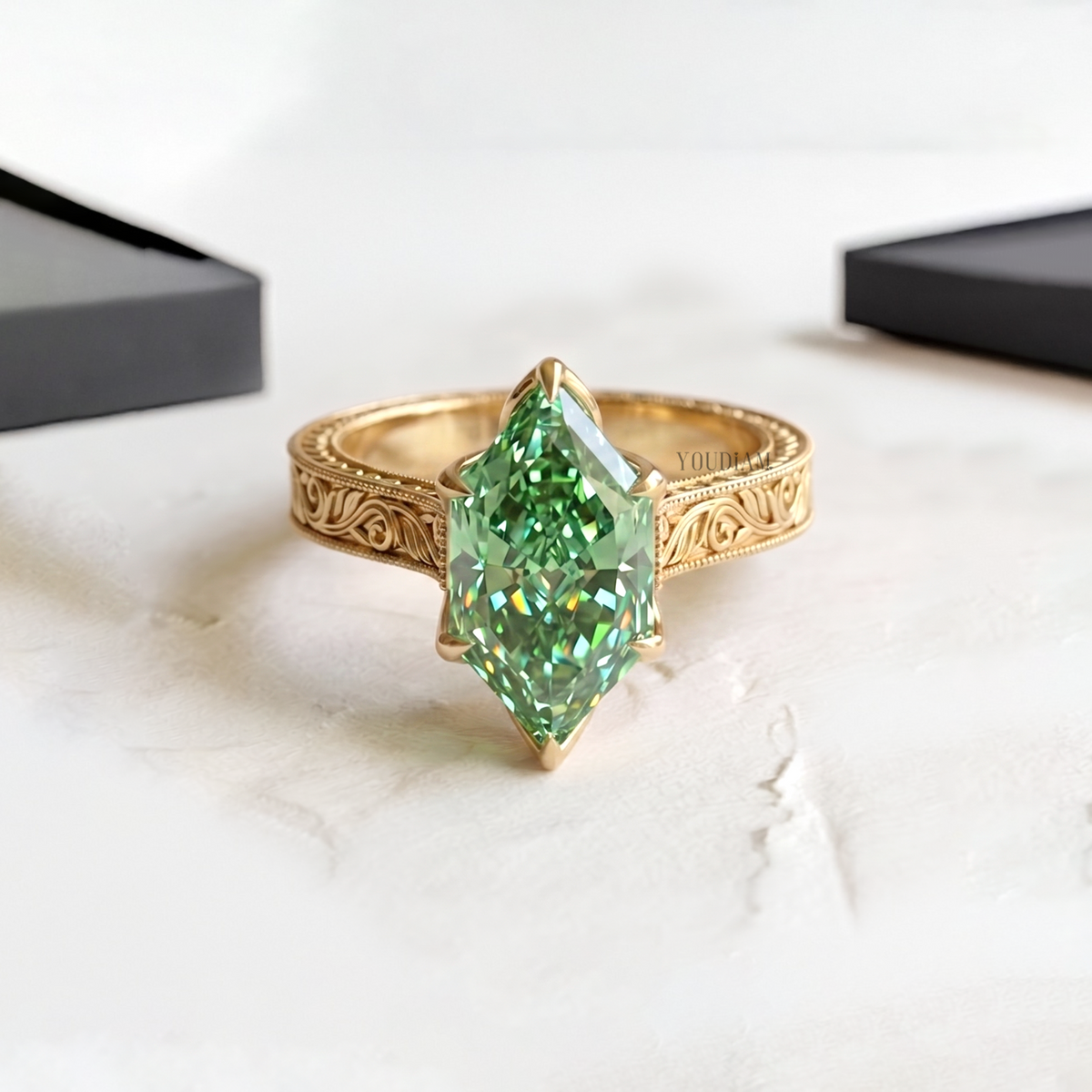 Green Dutch Marquise Lab Diamond in Vintage Engraving Band Ring - YDCJR01 Youdiam