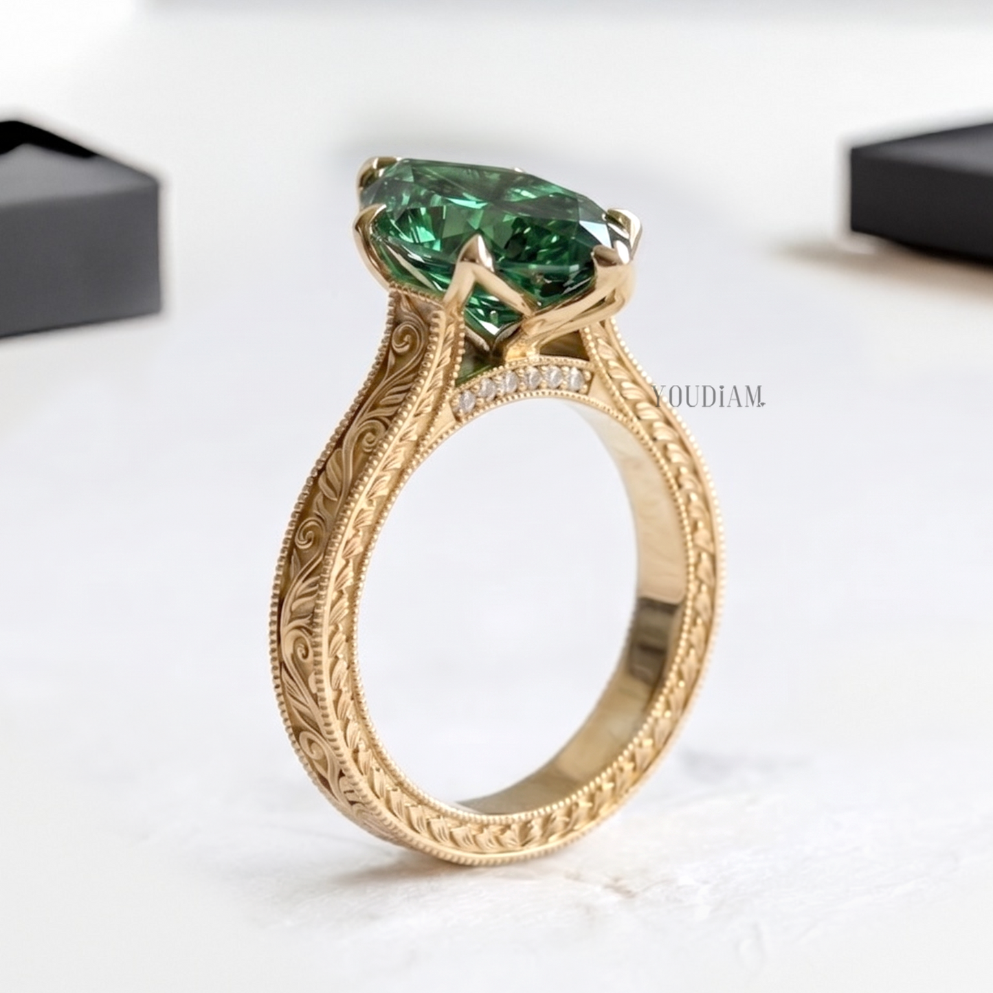 Green Dutch Marquise Lab Diamond in Vintage Engraving Band Ring - YDCJR01