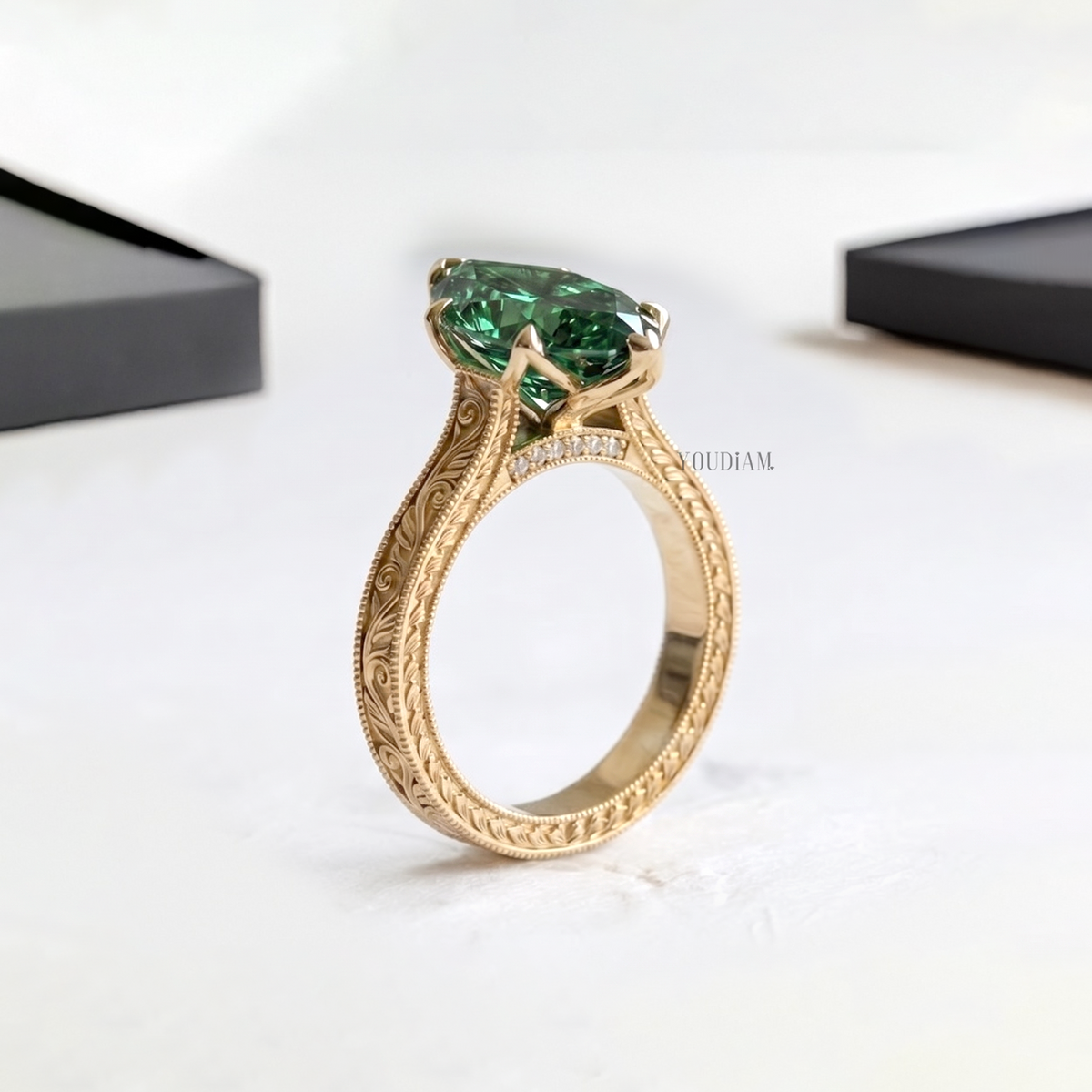 Green Dutch Marquise Lab Diamond in Vintage Engraving Band Ring - YDCJR01