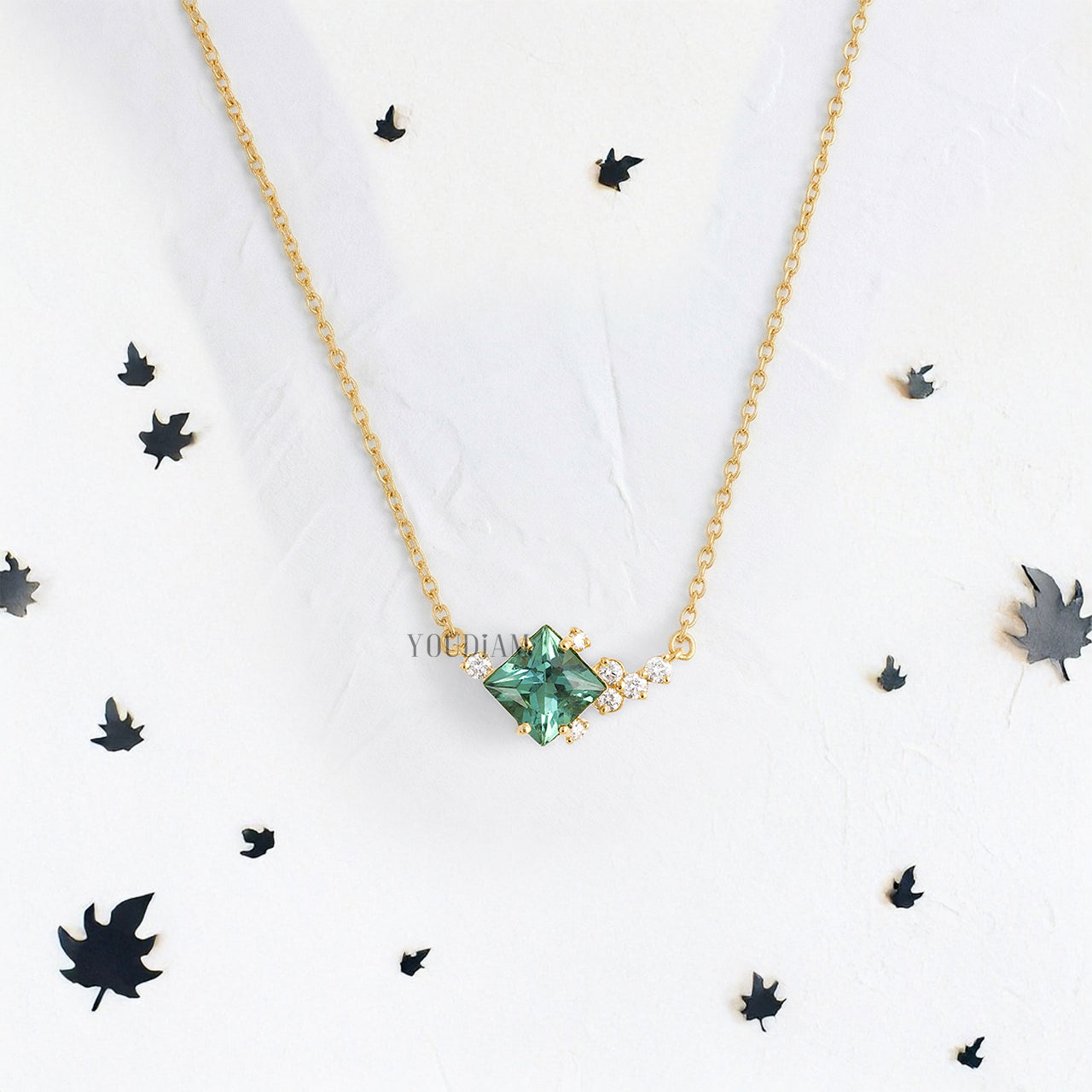 Green Princess Cut Tourmaline with Accented Lab Diamonds Pendant and Anchor Chain - YDJLP60