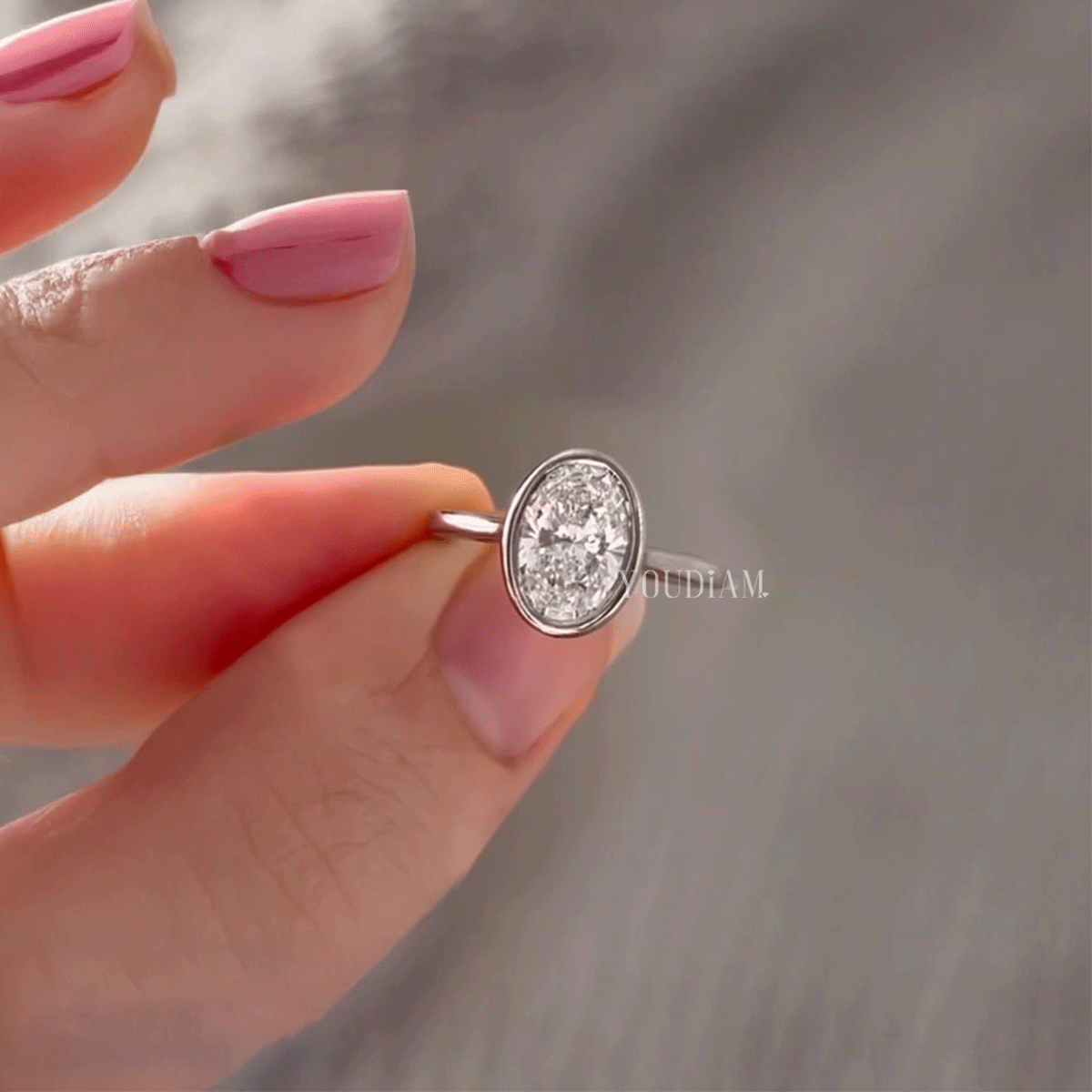 Lab Grown Oval Bezel Engagement Ring - EUDJLR34