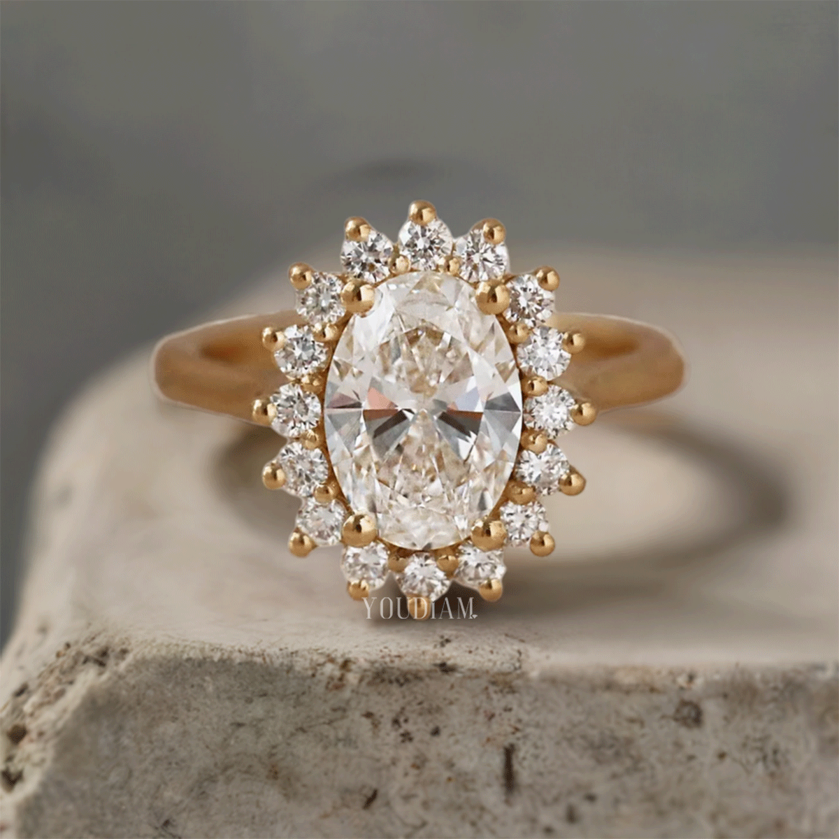 Princess Diana Style Oval Lab Diamond Ring, Lab Grown Oval With Cluster Halo Ring