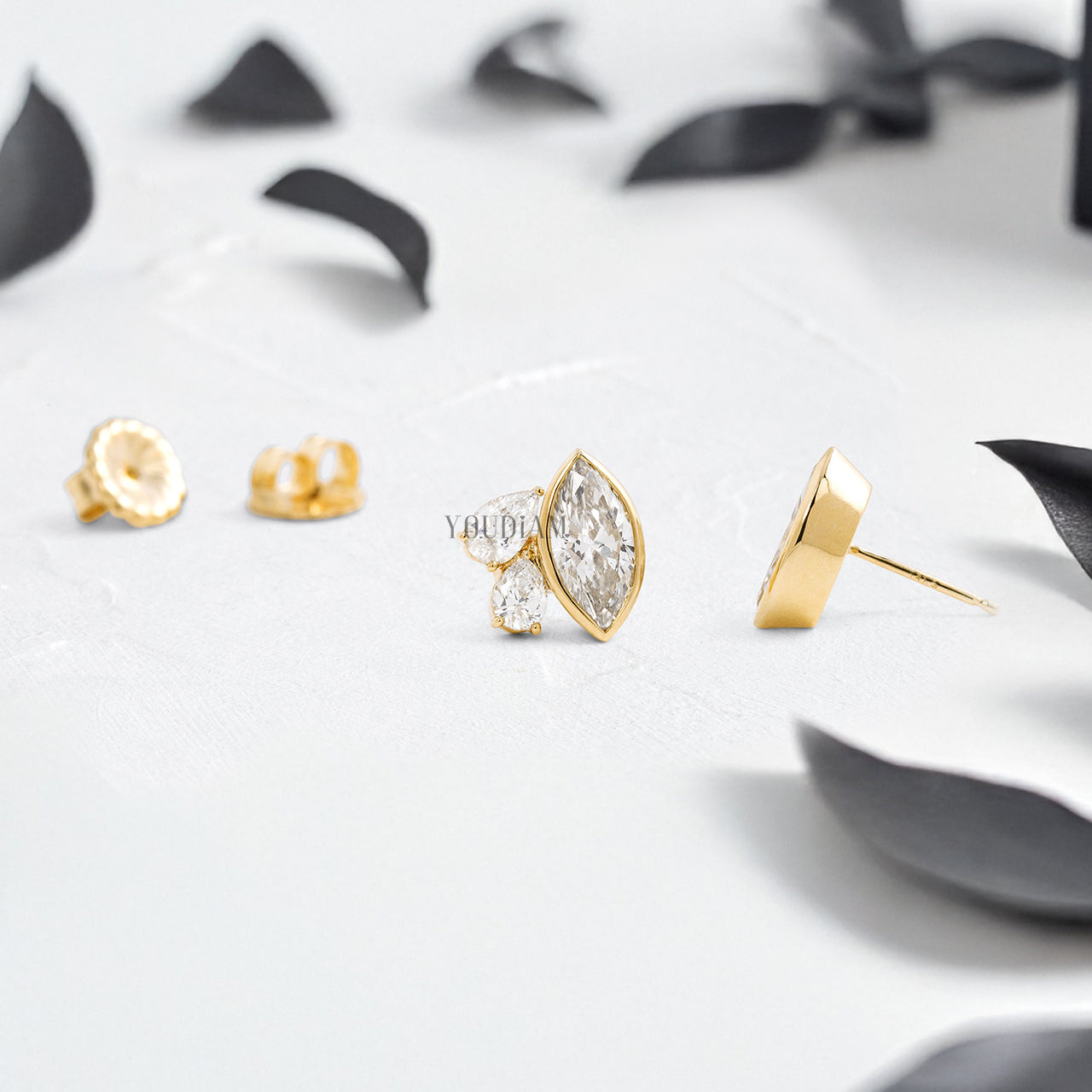Marquise Cut Lab Diamond Studs with Two Accented Pear Diamonds - YDJLE59