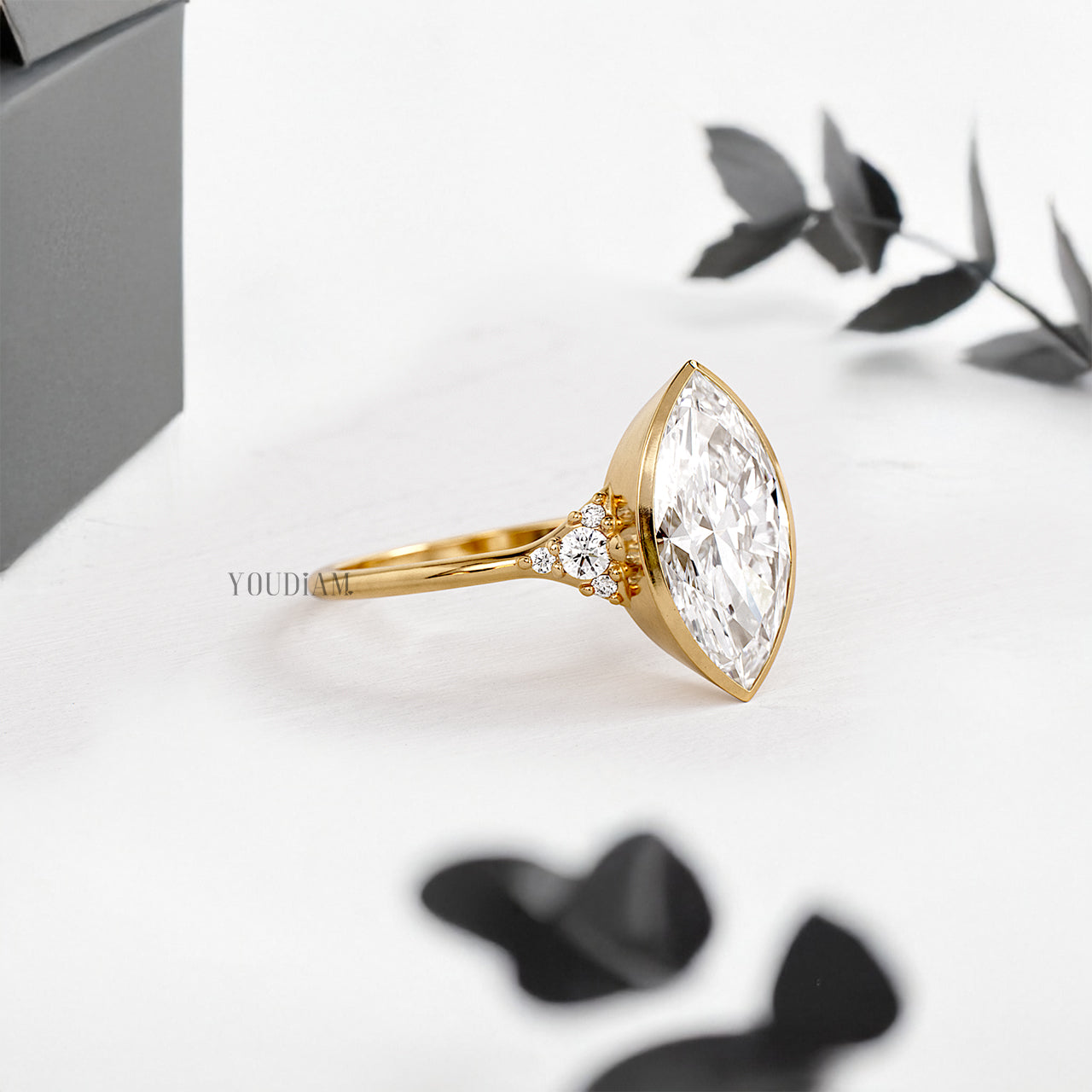 Marquise Lab Diamond in Bezel Setting with Accented Diamonds on Band Ring - YDJLR196