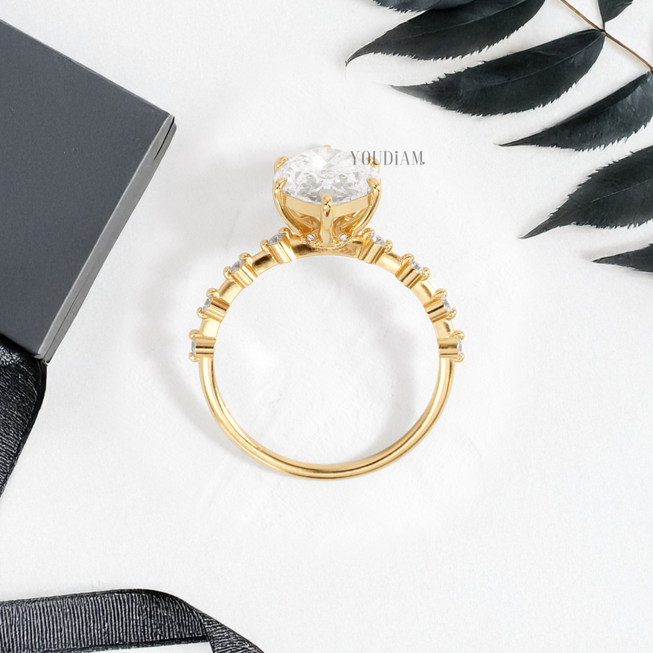 Marquise Lab Diamond in Double-Prongs and Distance Diamonds on Band Ring - YDJLR145