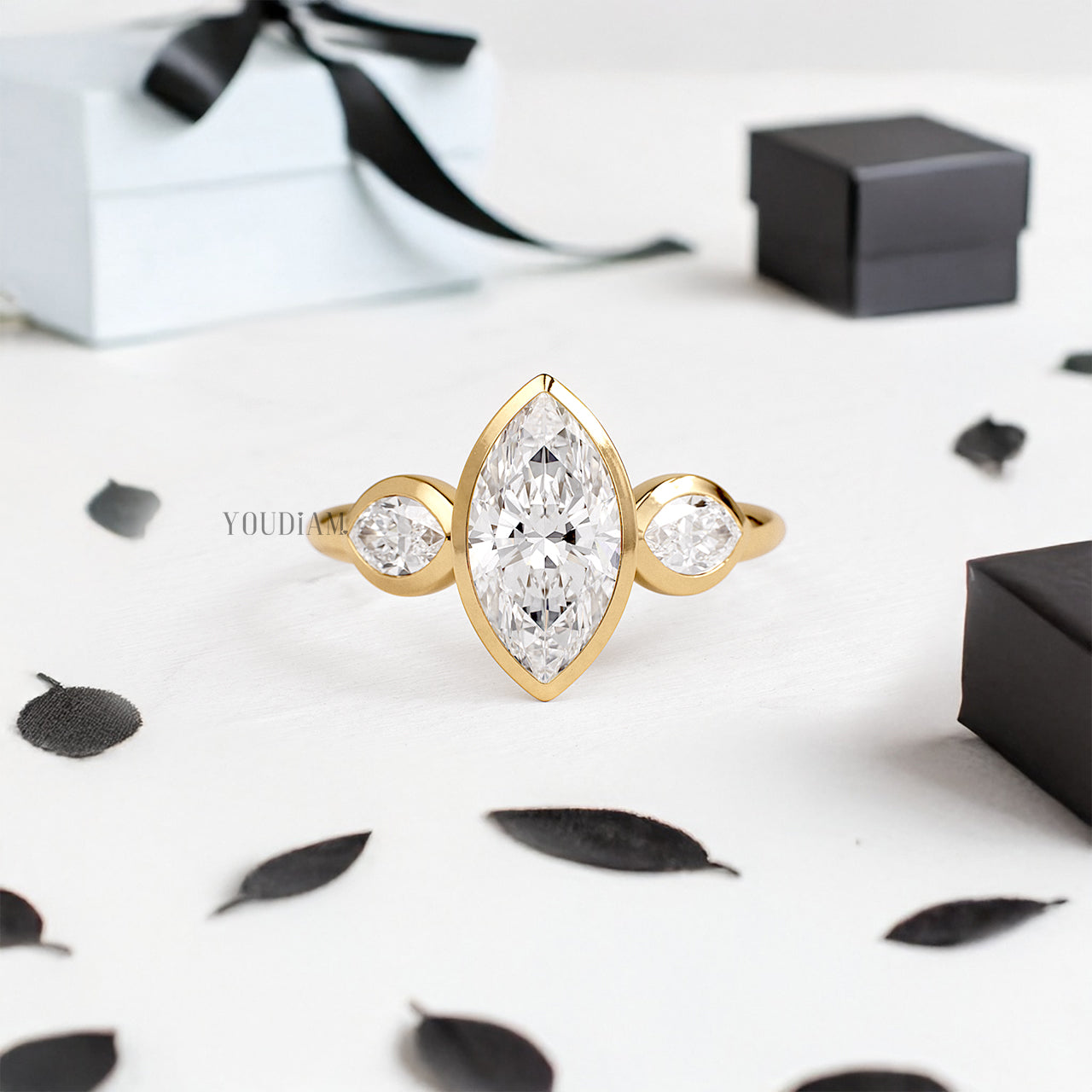 Marquise Lab Diamond with Accented Two Pears in Bezel Setting Ring - YDJLR191