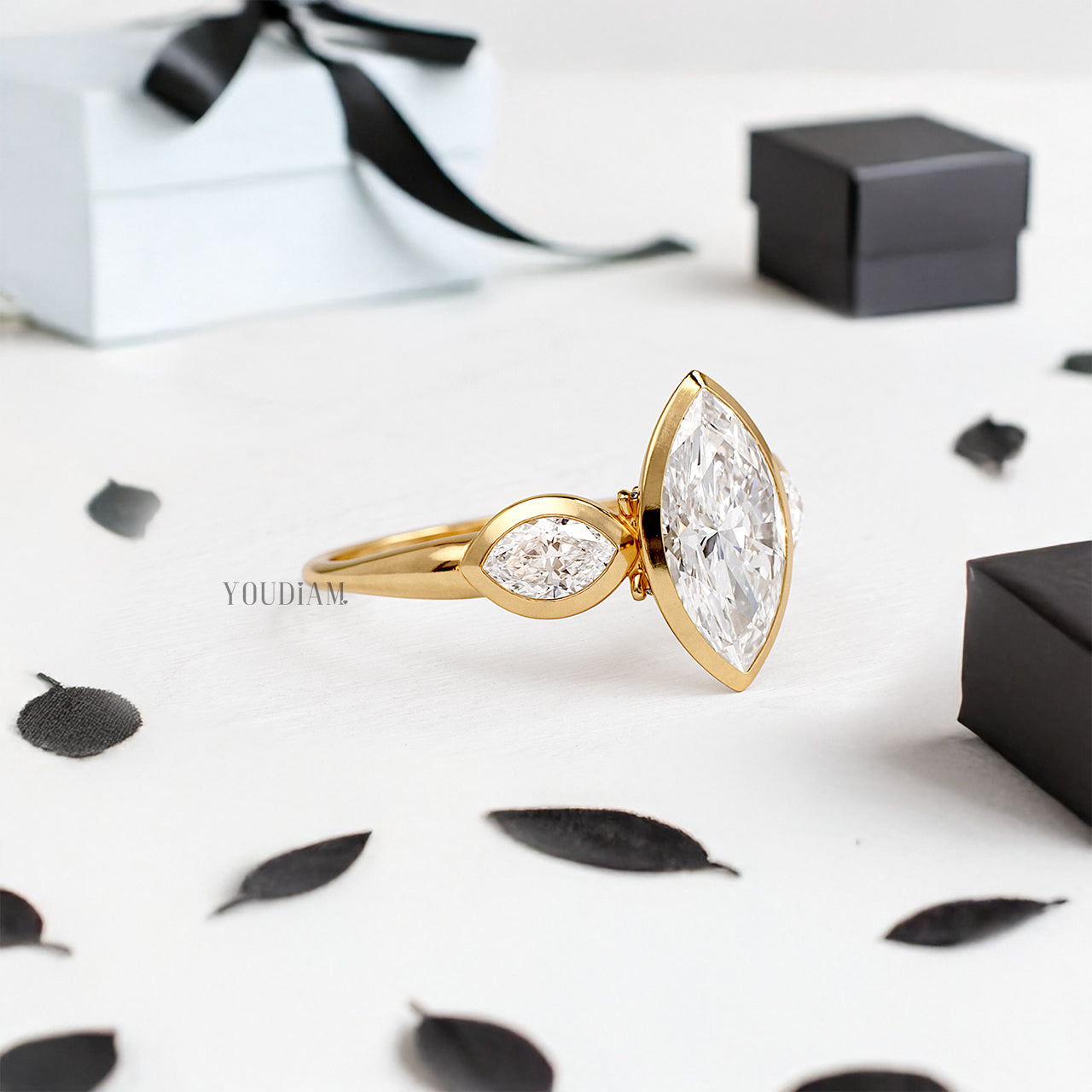 Marquise Lab Diamond with Accented Two Pears in Bezel Setting Ring - YDJLR191