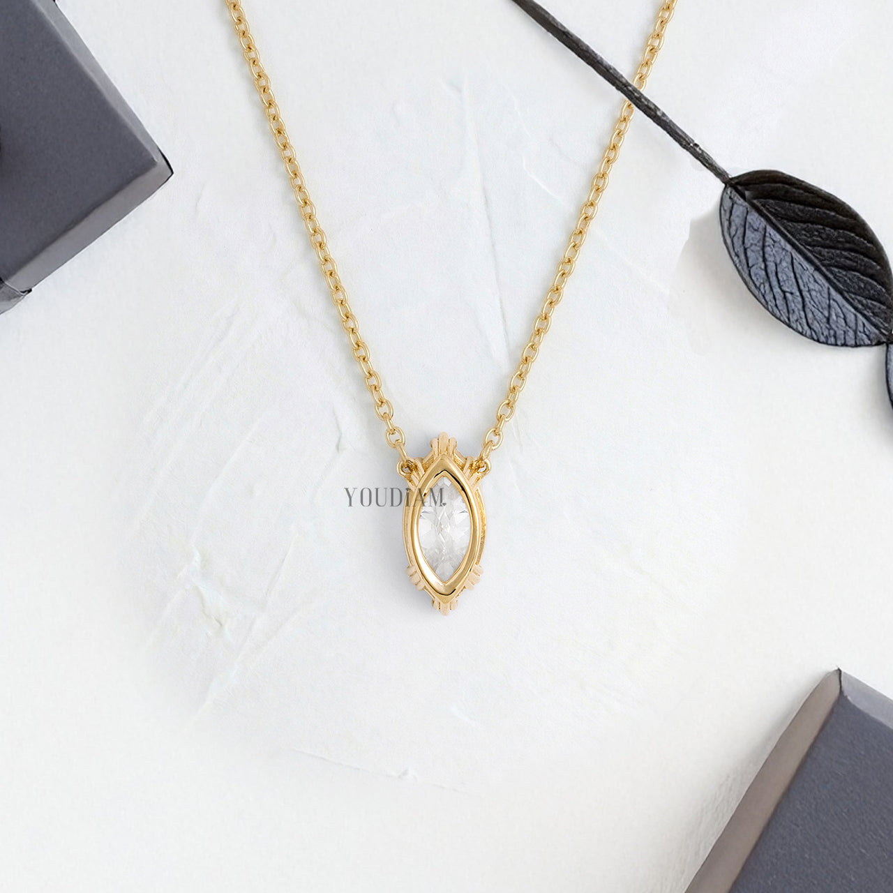 Marquise Lab Diamond Solitaire Pendant in Trio Prongs and Anchor Chain - YDJLP44