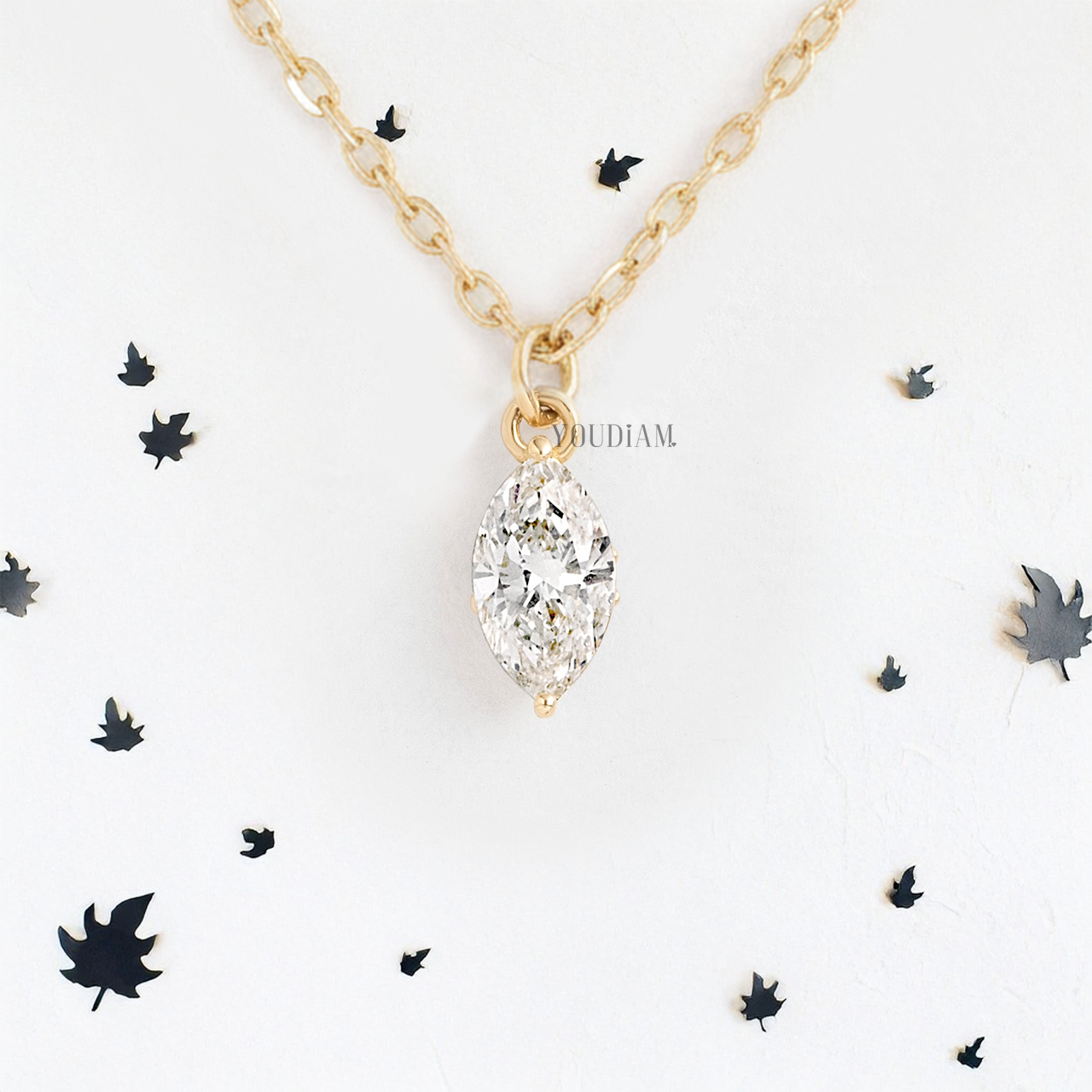 Marquise Lab Diamond Solitaire Pendant in Two Prongs and Anchor Chain - YDJLP04