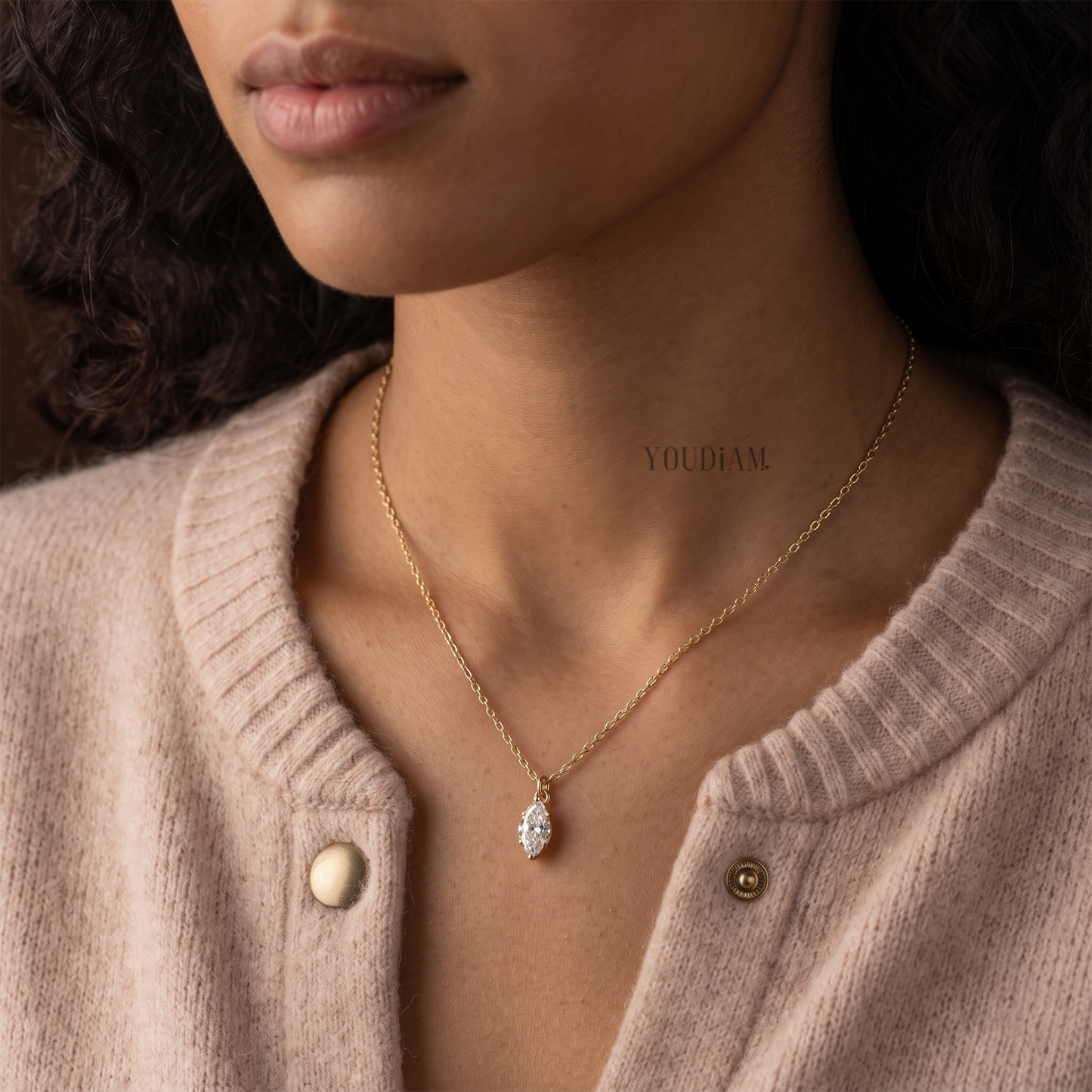 Marquise Lab Diamond Solitaire Pendant in Two Prongs and Anchor Chain - YDJLP04